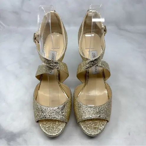 Jimmy Choo April 120 Metallic Foil Leather Platform Sandal Block Heels Gold 39