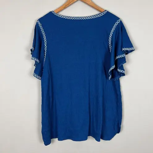 Max Studio  Top Womens 1X Blue Flutter Sleeve Crew Neck Embroidered Hi Low Blouse