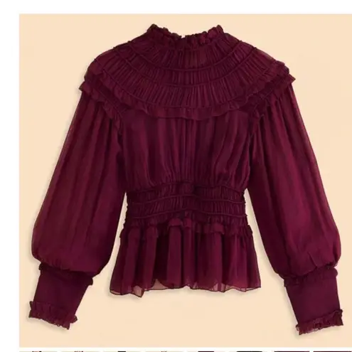 Farm Rio NWOT  Ruffle High Neck Blouse in Burgundy