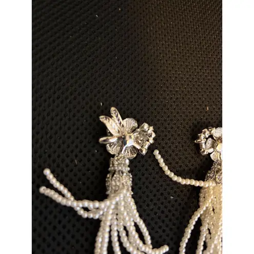 Silver Flower Pearl Tassel Chain Earrings Dangle Drop