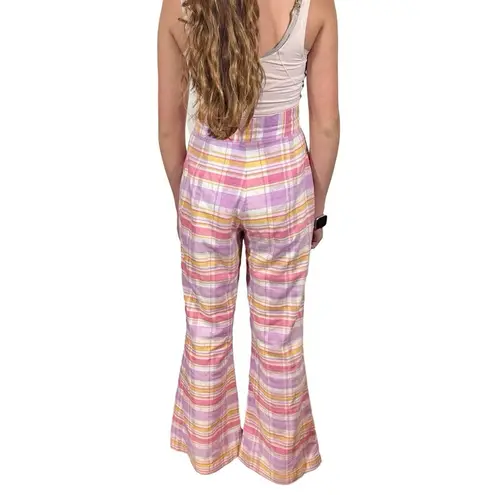 True Vintage 60s 70s Seersucker Plaid High Waisted Wide Leg Bellbottom Pants Pink Size XS