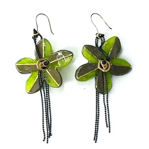 Black Bead VTG Lalo FLOWER EARRINGS 4" Dangle Drop Green Gold Resin Chains