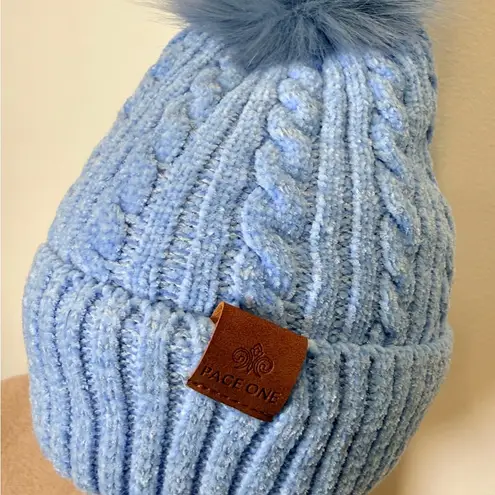 Pace One Baby Blue Cable Knit Beanie with Faux Fur Pom Winter Hat