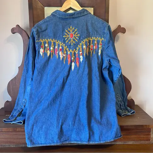 Bob Mackie Wearable Art Denim Shirt with Embroidered Southwestern Design: LARGE