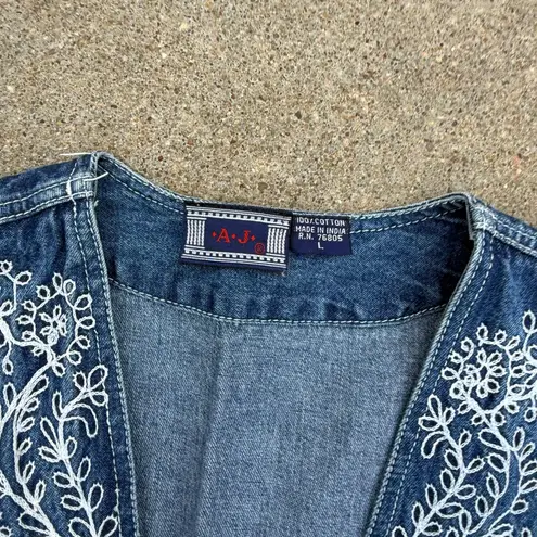 Vintage 90s A.J. Blue Denim White Paisley Embroidered Dress Vest Country LARGE