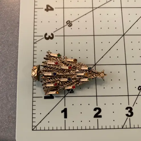 Vintage Silver & Gold Christmas Tree Brooch White & Rhinestoned Candles Multiple