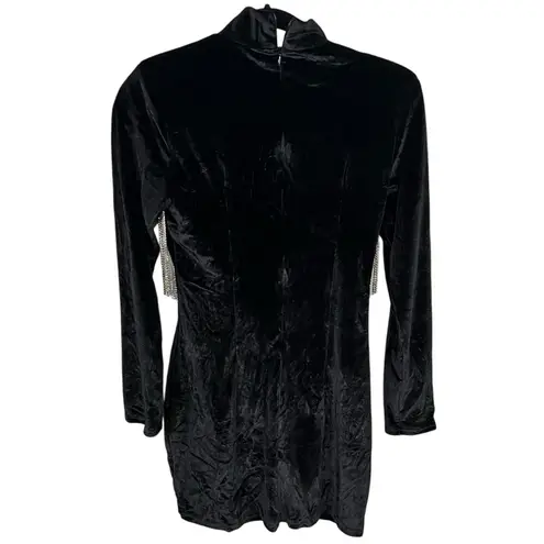 Thiliko Black Rhinestone Fringe Long Sleeve Bodycon Crushed Velvet Dress