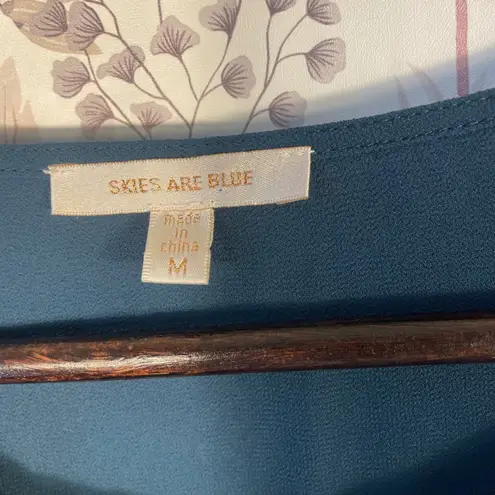 Skies Are Blue Watkins Women's Teal Boho Blouse M Cutout Embroidered Long Sleeve