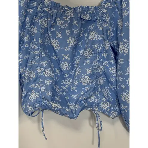 Speed Limit Womens Blouse Cropped Square Neck Drawstring Floral Blue Medium