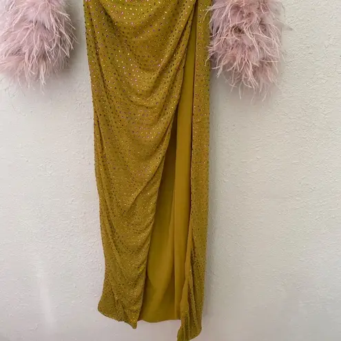 House Of CB  'Gina' Feathered Chartreuse Crystallised Maxi Dress NWOT size Large