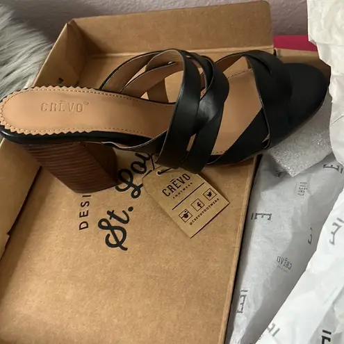 NWT Crevo Petal Block Heel Leather Black Tan Mule Sandal sz 8