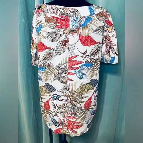 Melissa Paige Blouse SZXL White Popover Split Grommet Sleeve Geo Nature Print