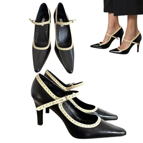 Alfani VINTAGE 90'S BLACK LEATHER MARY JANE POINTED TO PUMPS HEELS S. 9 LIKE NEW