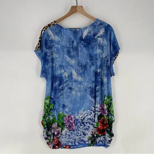 Sheer Lightweight Mesh Mixed Prints Leopard Floral Rhinestone Embellished Tunic Blue Size 1X