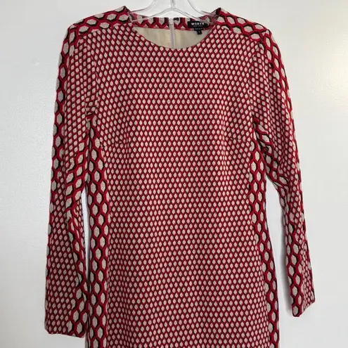 Worth New York Crew Neck Long Sleeve Red Black Tan Houndstooth Print Dress Sz 6