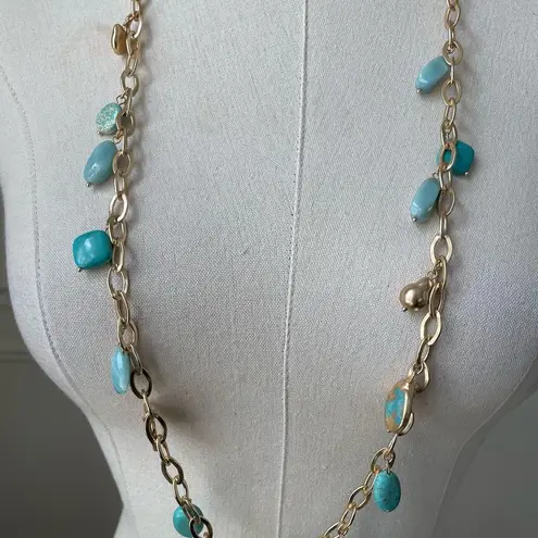 Chico's  Gold Tone Chain Turquoise Bead Strand Fashion Necklace 42”