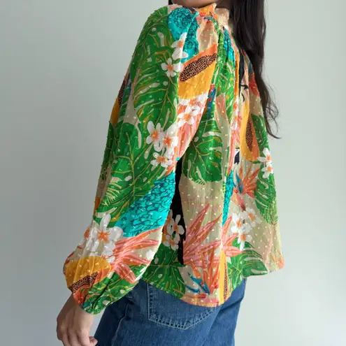 Farm Rio Blouse XS Beach Palm Floral Toucan Tropical Peasant Balloon Sleeve