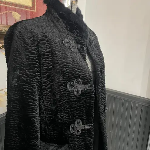 Cuero Faux Lamb Fur Coat w Real Rabbit Fur Trim Steampunk Victorian