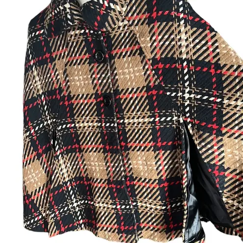 Cejon Brown & Red wool blend Poncho Button Up Collared plaid Cape Size M