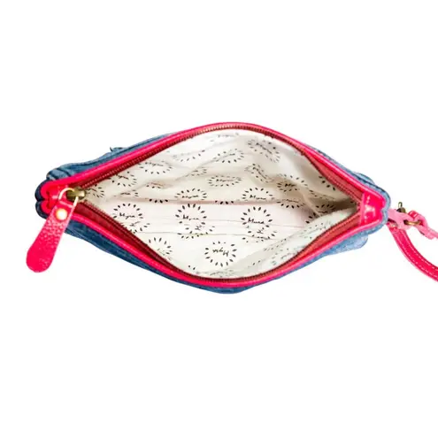NWT Boutique Western Charley Denim and Red Leather Wristlet Pouch Blue