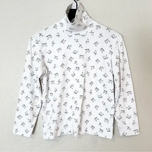 Talbots  Petites Womens Turtleneck Top Cotton Long Sleeve Cat Print Cat Lady Sz S