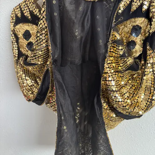 Vintage 70s Gold Black Silk Sequin Beaded Butterfly Boho Disco V Neck Drape Top