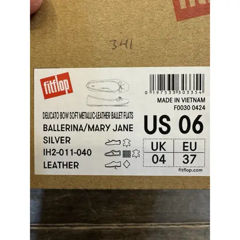 FitFlop Ballerina Mary Jane Flats Women's Size 6 Silver Leather Delicato Bow