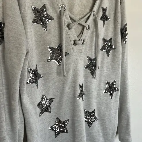 INC EUC  Grey Sweater Top Sequin Stars Top Lace Up sz XL