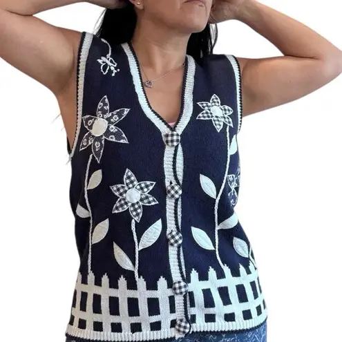 Vintage Knit Sweater Vest Floral Appliqué Cottagecore Boho farmcore Grandma M Blue Size M