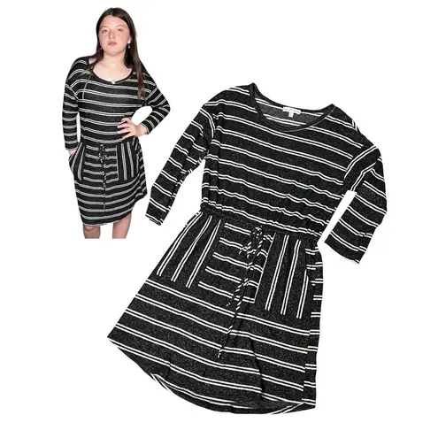 Moa Moa SWEATER DRESS Womens SM Black White Striped Knit Pockets Tie Waist Belt