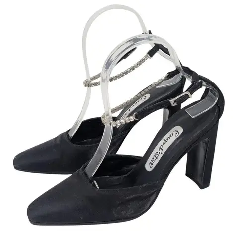 1990s Vintage Formal Heels Black 6.5 Shiny Satin Rhinestone Ankle Strap Prom