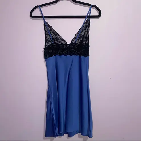 Christine Lingerie Silk Chemise Slip Night Dress Women Size S Mini Lace Sexy Blue