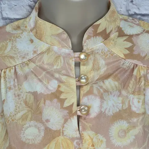 Vintage Nikki 1/4 Button Long Sleeve Blouse Yellow Neutral Floral 70s Disco M Size M