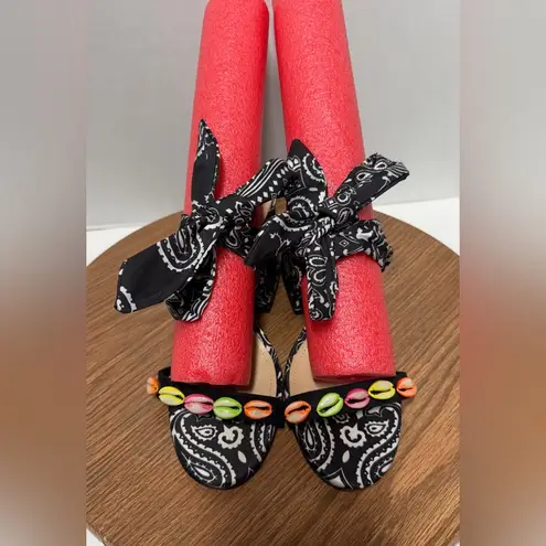 Schutz Malia Embellished Shell Material Bandana Print Slide Wrap Tie Sandals 9B