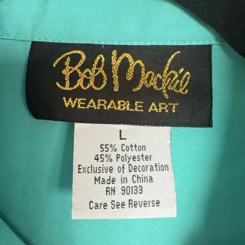 Bob Mackie Top Womens Size Large Button Up Collared Embroidered Light Blue Green