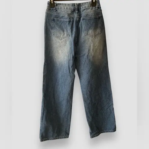 Women Low Rise Washed Baggy Jeans Heart Floral Graffiti Wide Leg Denim Sz Sm Blue