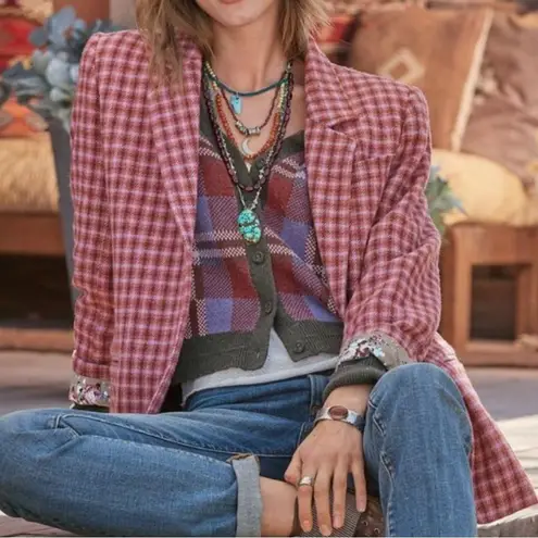 Sundance The Lisa Blazer Pink Plaid Wool Blend Jacket Size Large Floral Lining