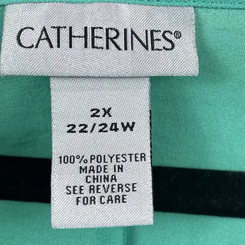 Catherines Womens Top 2X Green 3/4 Sleeve Mature Office Lightweight Blouse Flowy