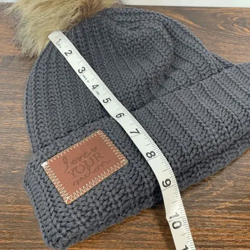 Love Your Melon  Women's Grey One Size Knit Cuffed Brown Patch Pom-Pom Beanie Hat