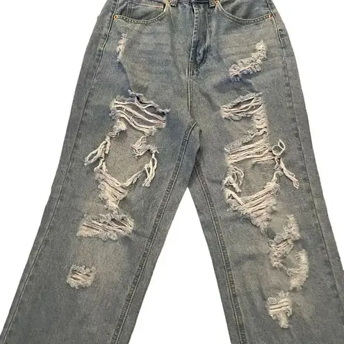 Wax Jean Y2K Wide Leg Distressed Shredded Light Blue High Waist Jeans Sz M