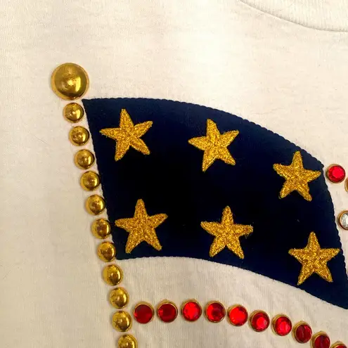 VINTAGE 90s Bedazzled American Flag Tee Sz Medium Oversized Studs Sequins Glam Blue