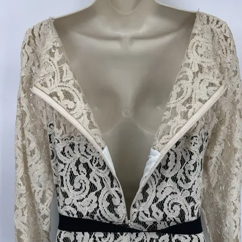 Tadashi Shoji Formal Long Gown Dress Womens 14 Black Cream Lace Belt