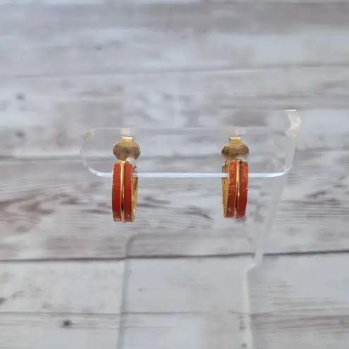Vintage Clip On Earrings Orange & Gold Tone Hoops