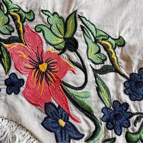 SIGNATURE8 Ecru Tassel Trim Open Front Short Kimono Top Embroidered Flowers S Red