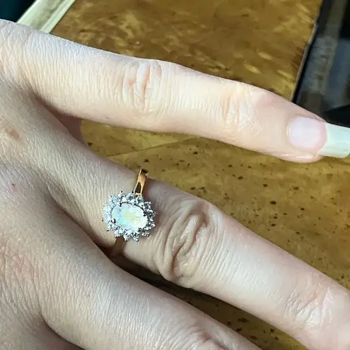 Natural Rainbow Moonstone Sterling Silver Halo Ring Size 6 Gold