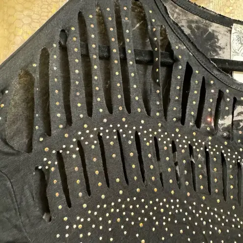 Vocal Black Bling Rhinestone Laser Cut Tie Dye Long Sleeve T Shirt Small NWT