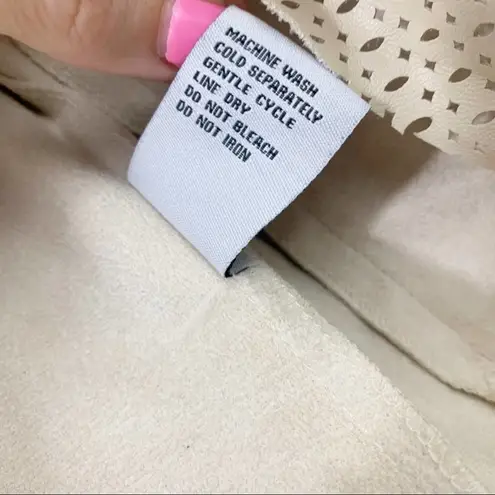 BKE Faux Leather Laser Cut Cream Cropped Open Draped Jacket