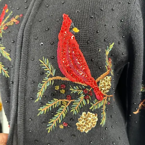 Vintage Heirloom Collectibles Christmas Cardinal Bird Beaded SequinCardiganSmall Black