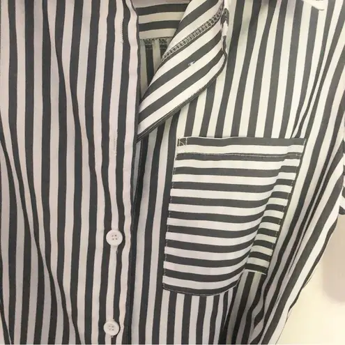 Vertical Stripe Button Down Shirt Dress Tie Waist Size Small Blue Gray and White