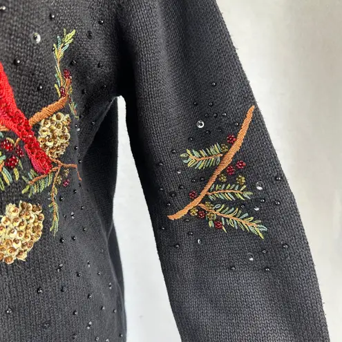 Vintage Heirloom Collectibles Christmas Cardinal Bird Beaded SequinCardiganSmall Black